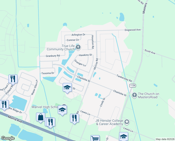 map of restaurants, bars, coffee shops, grocery stores, and more near 6827 Davy Crockett Drive in Manvel
