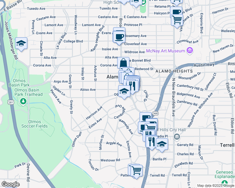 map of restaurants, bars, coffee shops, grocery stores, and more near 1101 Townsend Avenue in Alamo Heights