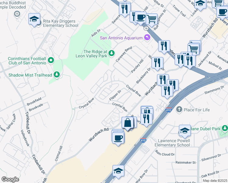 map of restaurants, bars, coffee shops, grocery stores, and more near 24 Badgers Hills in San Antonio