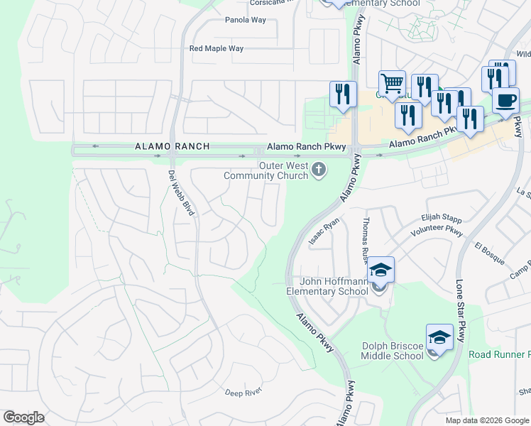 map of restaurants, bars, coffee shops, grocery stores, and more near 4934 Farm House in San Antonio