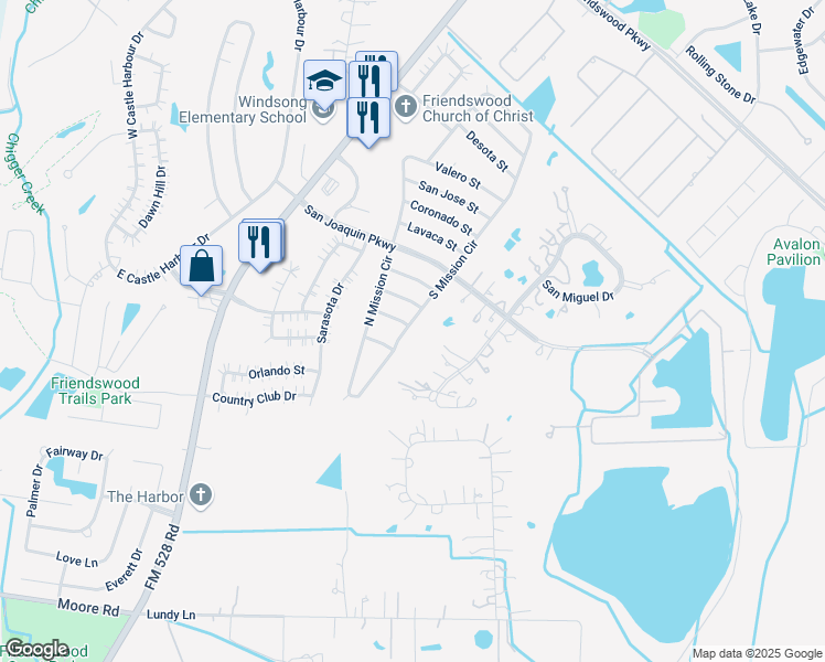 map of restaurants, bars, coffee shops, grocery stores, and more near 2407 South Mission Circle in Friendswood