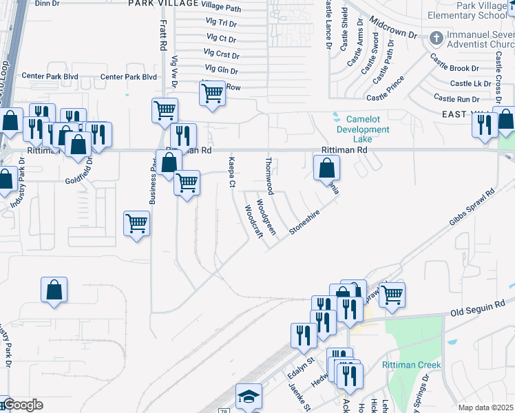 map of restaurants, bars, coffee shops, grocery stores, and more near 5823 Woodgreen in San Antonio
