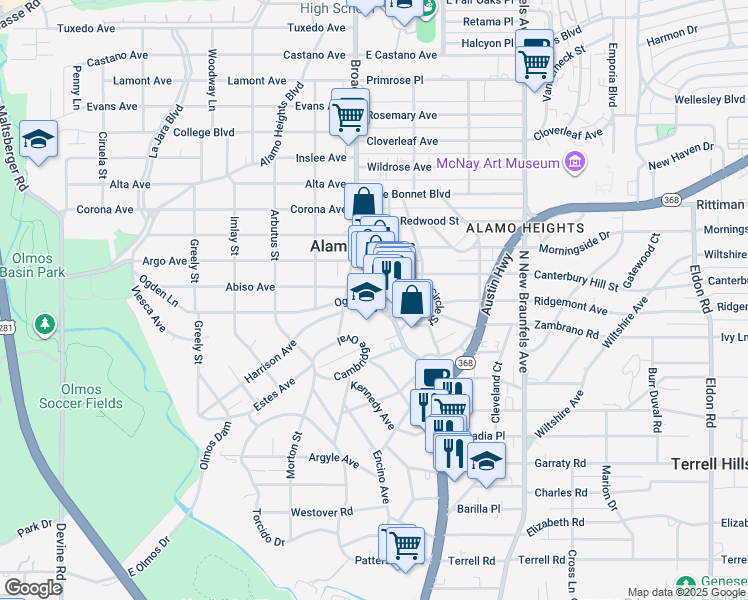 map of restaurants, bars, coffee shops, grocery stores, and more near 123 Ogden Lane in Alamo Heights