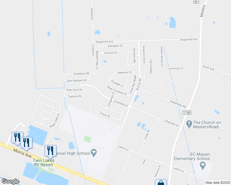 map of restaurants, bars, coffee shops, grocery stores, and more near 6802 Davy Crockett Drive in Manvel