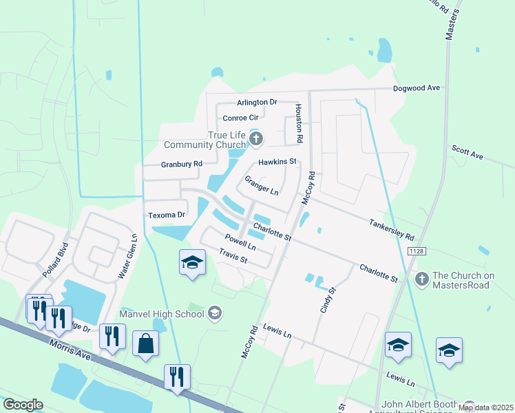 map of restaurants, bars, coffee shops, grocery stores, and more near 6802 Davy Crockett Drive in Manvel
