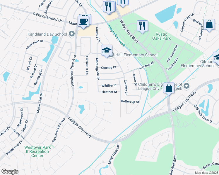 map of restaurants, bars, coffee shops, grocery stores, and more near 5815 Wildfire Street in League City