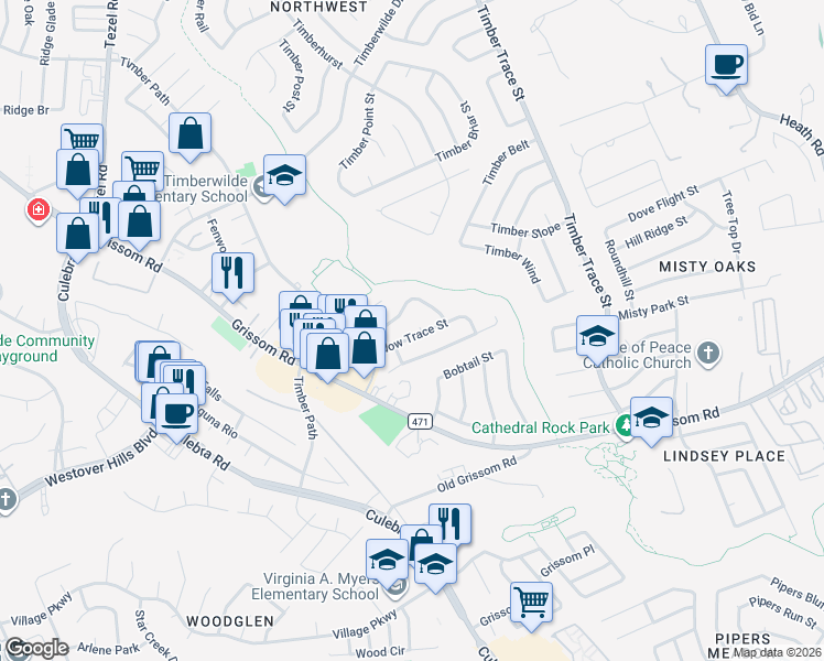 map of restaurants, bars, coffee shops, grocery stores, and more near 5203 Meadow Pond in San Antonio