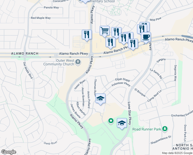 map of restaurants, bars, coffee shops, grocery stores, and more near 4742 Thomas Rusk in San Antonio