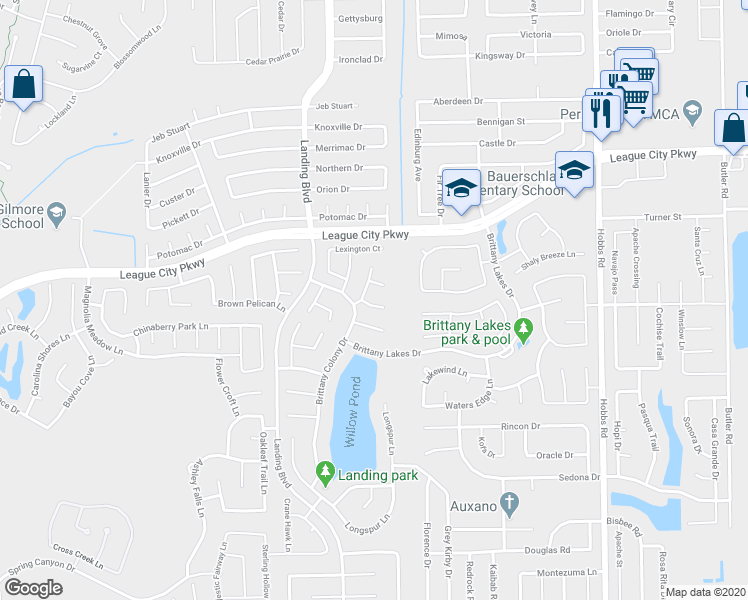 map of restaurants, bars, coffee shops, grocery stores, and more near 2508 Langley Court in League City