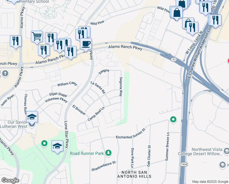 map of restaurants, bars, coffee shops, grocery stores, and more near 11610 Belicena Road in San Antonio