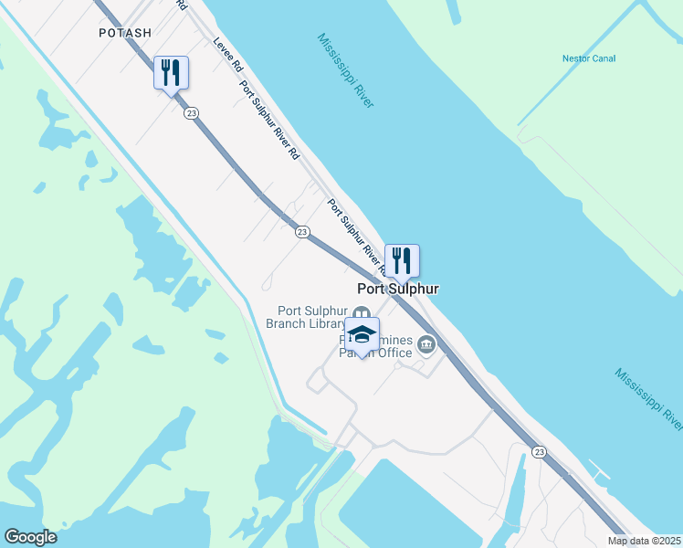 map of restaurants, bars, coffee shops, grocery stores, and more near 118 Nailor Lane in Port Sulphur