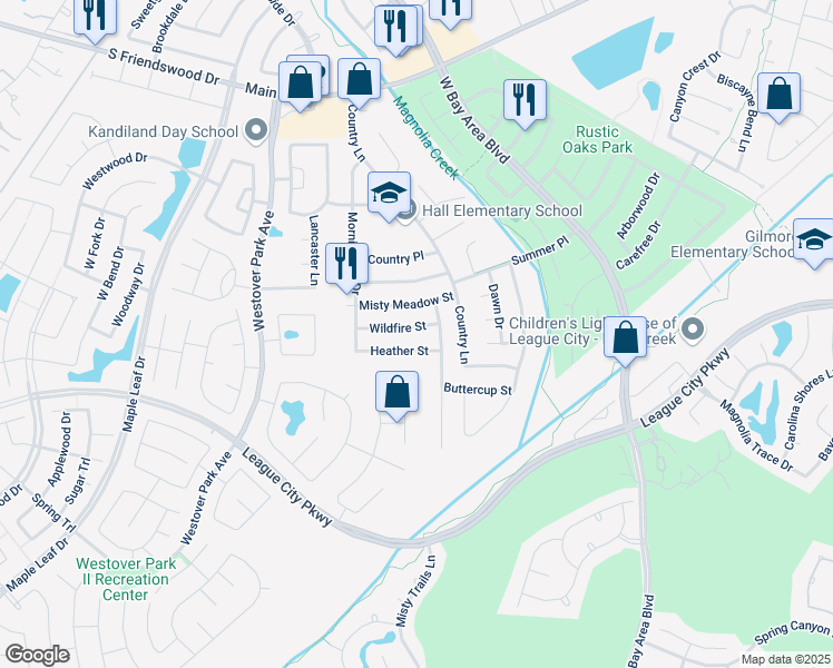 map of restaurants, bars, coffee shops, grocery stores, and more near 5815 Wildfire Street in League City