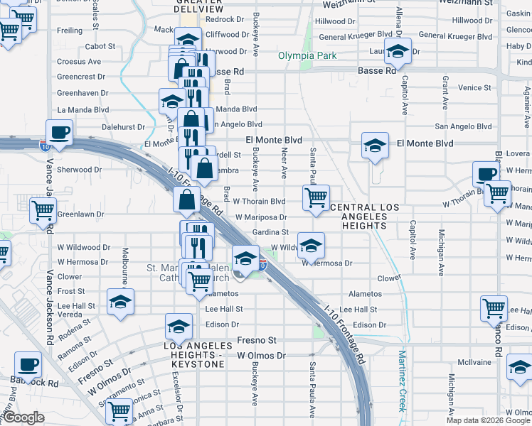 map of restaurants, bars, coffee shops, grocery stores, and more near 1615 West Mariposa Drive in San Antonio