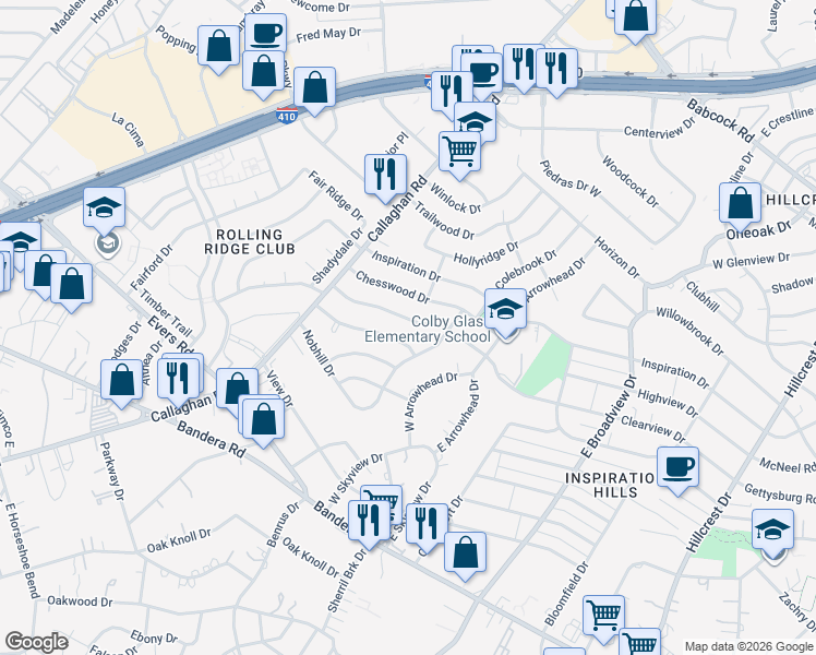 map of restaurants, bars, coffee shops, grocery stores, and more near 115 Postwood Drive in San Antonio