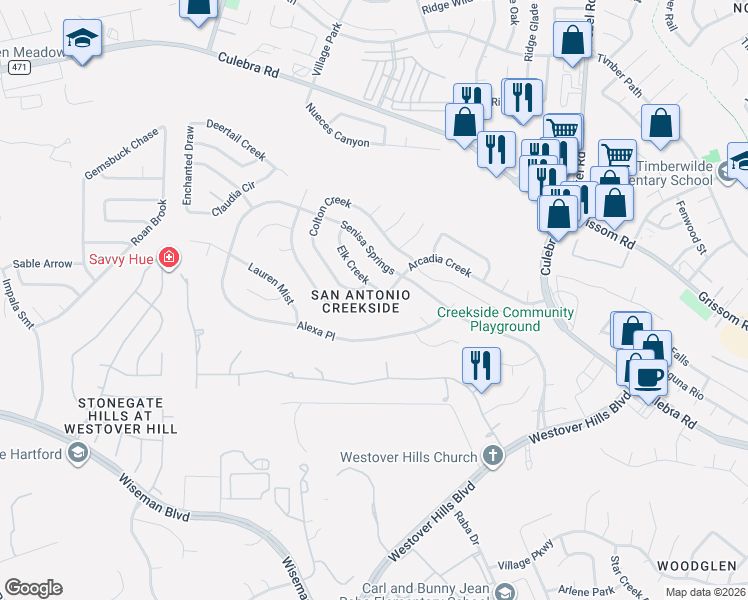 map of restaurants, bars, coffee shops, grocery stores, and more near 9607 Criswell Creek in San Antonio