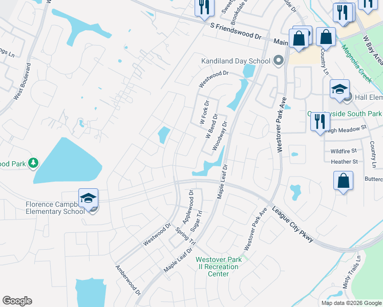 map of restaurants, bars, coffee shops, grocery stores, and more near 412 Wood Forest Drive in League City