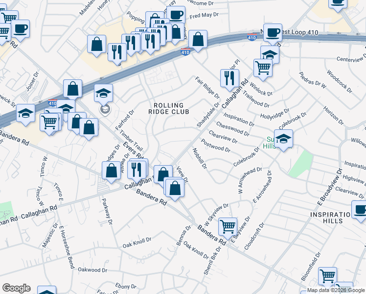 map of restaurants, bars, coffee shops, grocery stores, and more near 5439 Callaghan Road in San Antonio