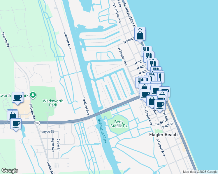 map of restaurants, bars, coffee shops, grocery stores, and more near 143 Lantana Avenue in Flagler Beach