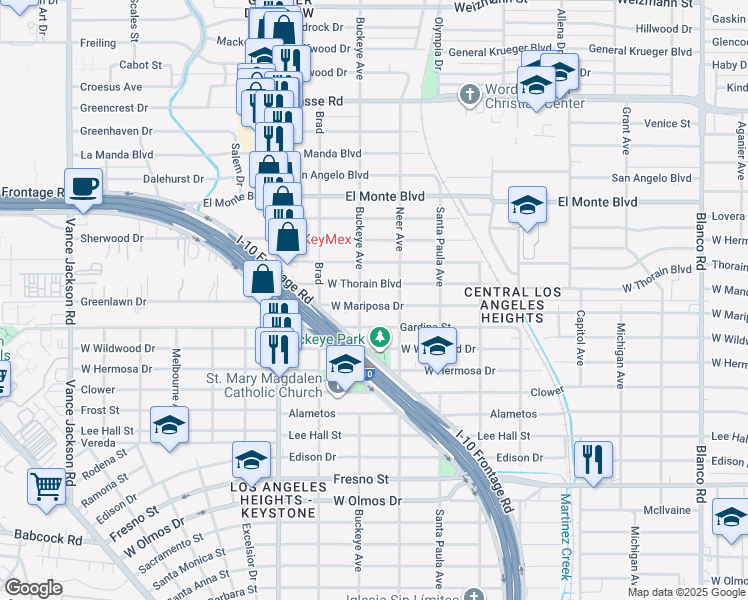 map of restaurants, bars, coffee shops, grocery stores, and more near 1615 West Mariposa Drive in San Antonio