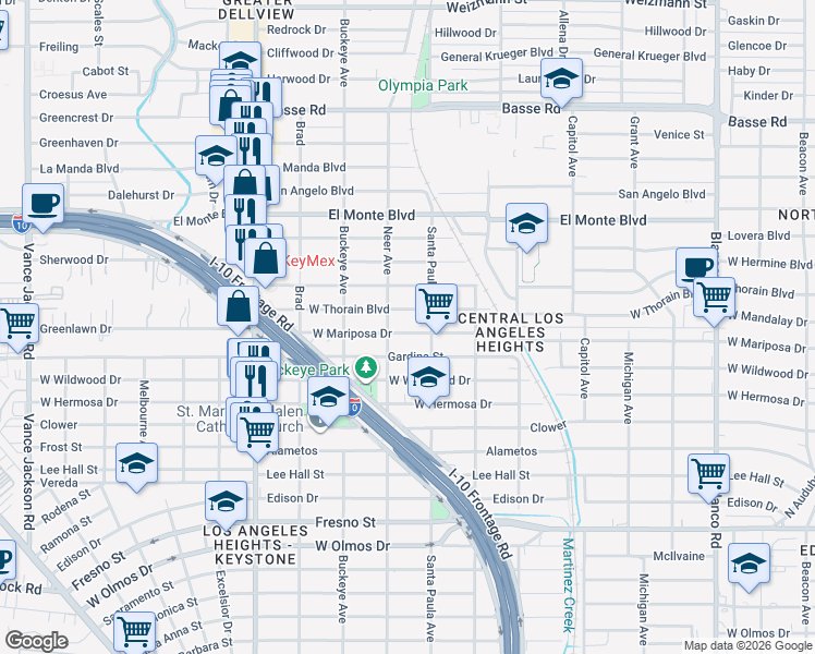 map of restaurants, bars, coffee shops, grocery stores, and more near 1523 West Mariposa Drive in San Antonio