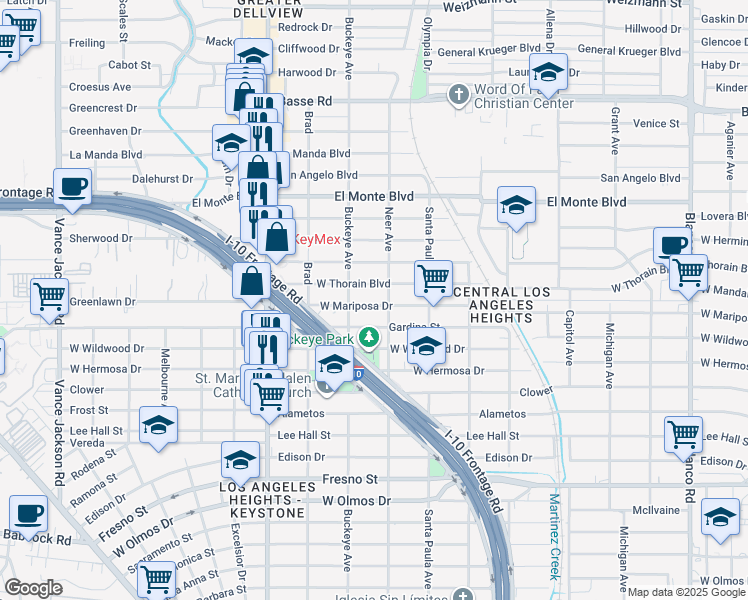 map of restaurants, bars, coffee shops, grocery stores, and more near 1615 West Mariposa Drive in San Antonio