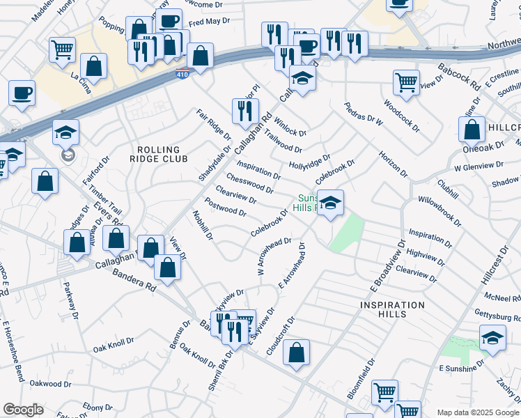 map of restaurants, bars, coffee shops, grocery stores, and more near 115 Postwood Drive in San Antonio