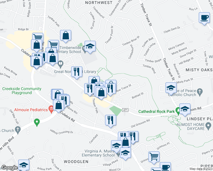map of restaurants, bars, coffee shops, grocery stores, and more near 5236 Meadow Field in San Antonio