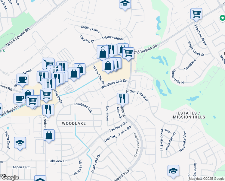map of restaurants, bars, coffee shops, grocery stores, and more near 6980 Woodlake Club Drive in San Antonio