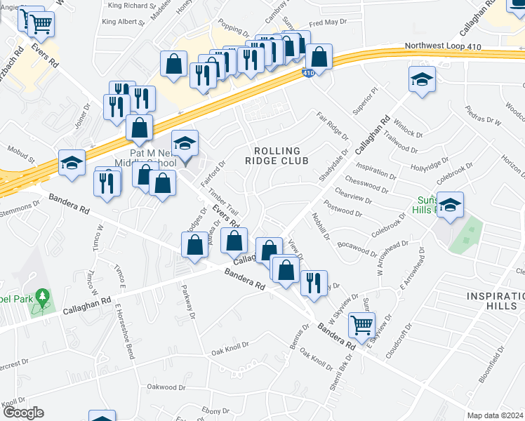 map of restaurants, bars, coffee shops, grocery stores, and more near 5319 E Rolling Ridge Dr in San Antonio