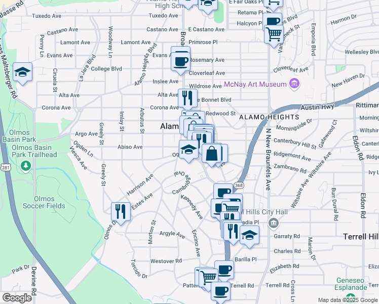 map of restaurants, bars, coffee shops, grocery stores, and more near 123 Ogden Lane in Alamo Heights