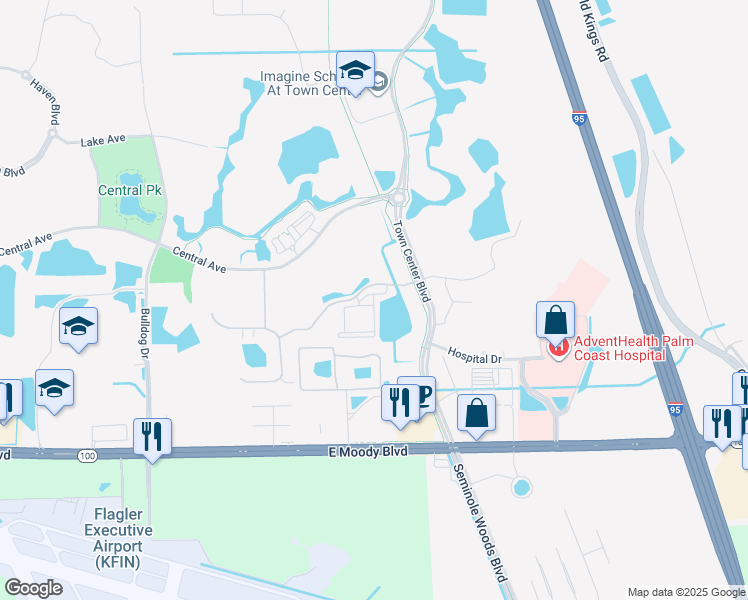 map of restaurants, bars, coffee shops, grocery stores, and more near 102 Brookhaven Drive in Palm Coast