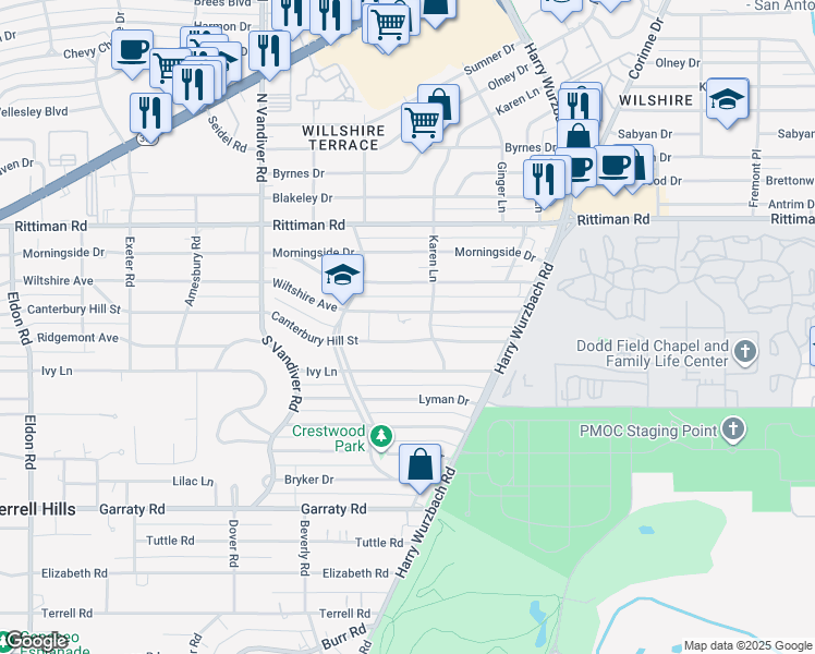 map of restaurants, bars, coffee shops, grocery stores, and more near 1320 Wiltshire Avenue in San Antonio