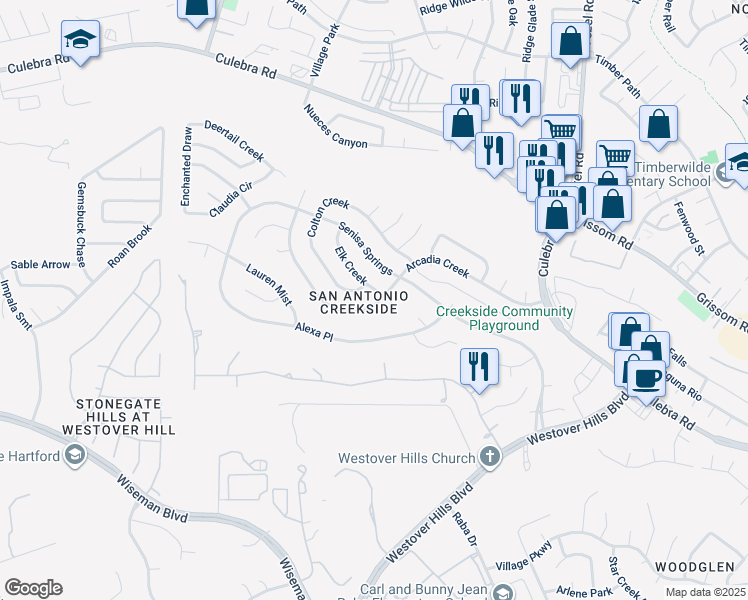 map of restaurants, bars, coffee shops, grocery stores, and more near 9607 Criswell Creek in San Antonio