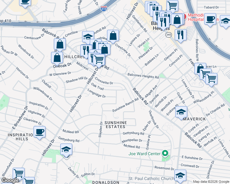 map of restaurants, bars, coffee shops, grocery stores, and more near 3727 Longridge Drive in San Antonio