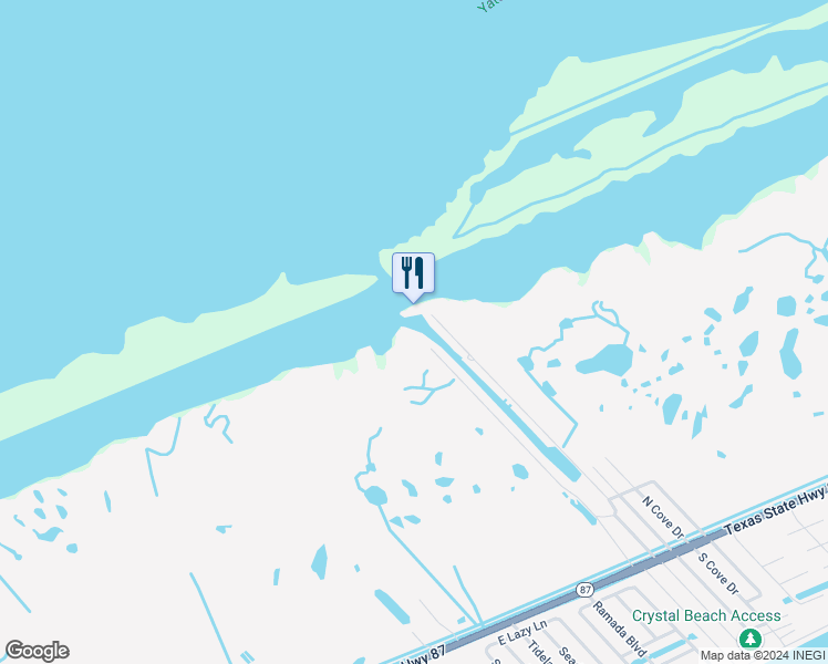 map of restaurants, bars, coffee shops, grocery stores, and more near 1228 North Redfish Street in Bolivar Peninsula