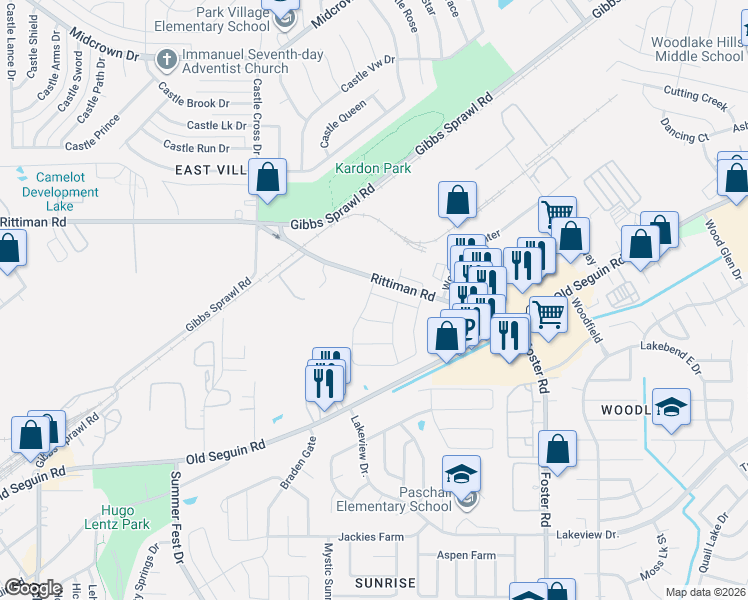 map of restaurants, bars, coffee shops, grocery stores, and more near 6333 Rittiman Road in San Antonio