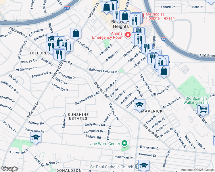 map of restaurants, bars, coffee shops, grocery stores, and more near 363 Altgelt Avenue in San Antonio