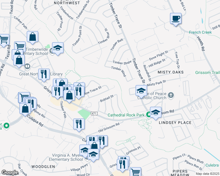 map of restaurants, bars, coffee shops, grocery stores, and more near 8810 Meadow Range Street in San Antonio