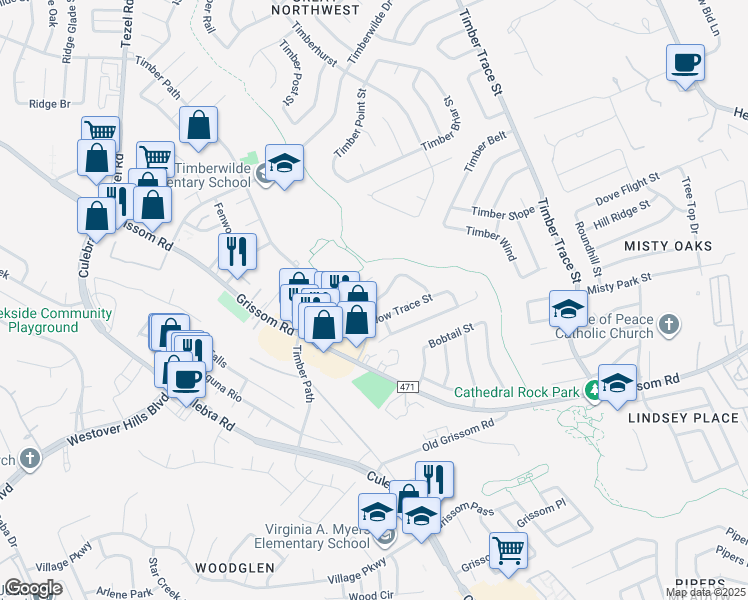 map of restaurants, bars, coffee shops, grocery stores, and more near 5276 Meadow Rise Street in San Antonio