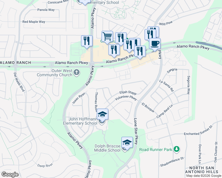 map of restaurants, bars, coffee shops, grocery stores, and more near 11926 Edward Conrad in San Antonio