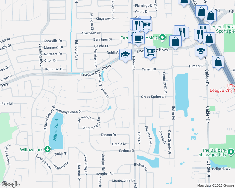 map of restaurants, bars, coffee shops, grocery stores, and more near 2013 Port Bridge Lane in League City