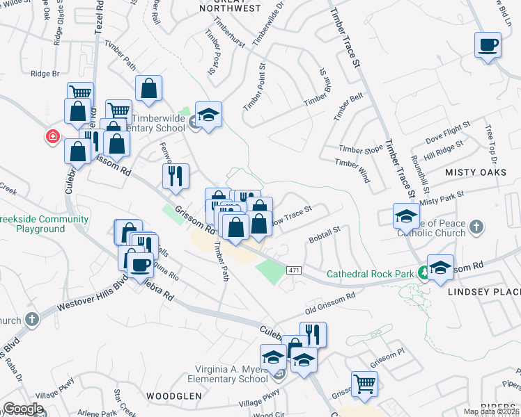 map of restaurants, bars, coffee shops, grocery stores, and more near 5276 Meadow Rise Street in San Antonio