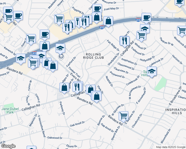 map of restaurants, bars, coffee shops, grocery stores, and more near 5025 Concord Ridge in San Antonio
