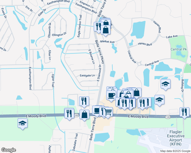 map of restaurants, bars, coffee shops, grocery stores, and more near 24 Eastgate Lane in Palm Coast