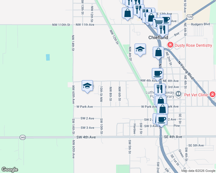 map of restaurants, bars, coffee shops, grocery stores, and more near 302 Northwest 8th Street in Chiefland