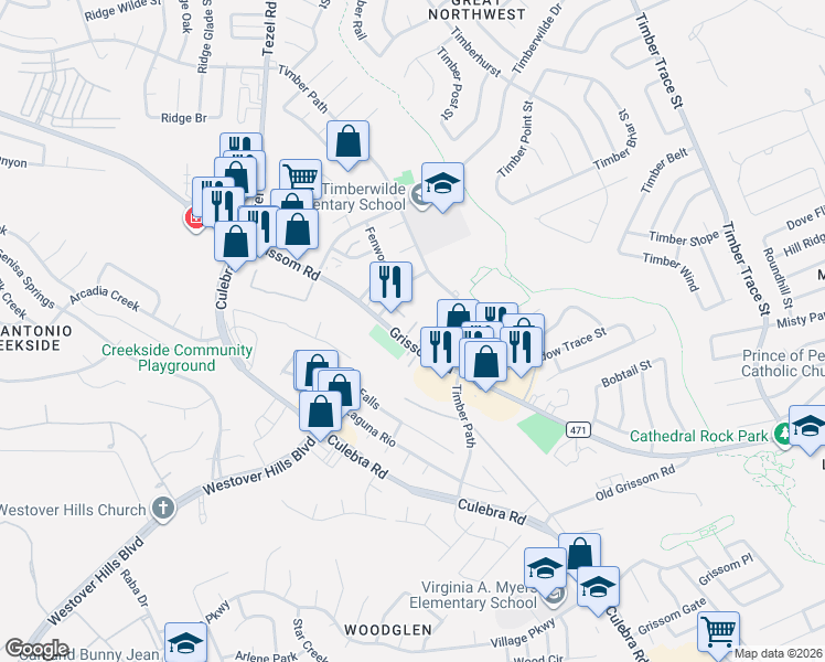 map of restaurants, bars, coffee shops, grocery stores, and more near 8903 Farm to Market Road 471 in San Antonio