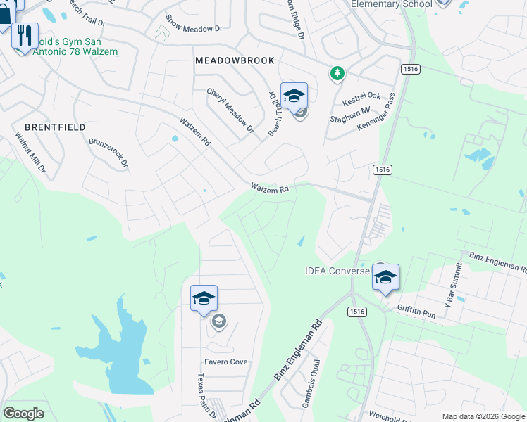 map of restaurants, bars, coffee shops, grocery stores, and more near 6303 Beech Trail Drive in Converse