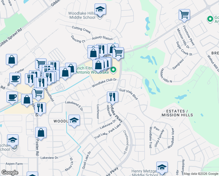 map of restaurants, bars, coffee shops, grocery stores, and more near 7010 Donovan Way in San Antonio