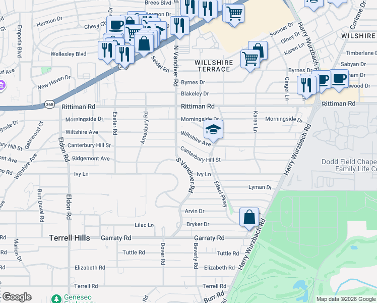 map of restaurants, bars, coffee shops, grocery stores, and more near 825 Canterbury Hill Street in San Antonio