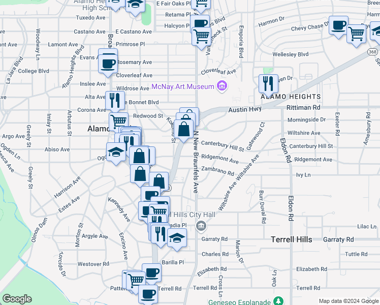 map of restaurants, bars, coffee shops, grocery stores, and more near 216 Routt Street in San Antonio